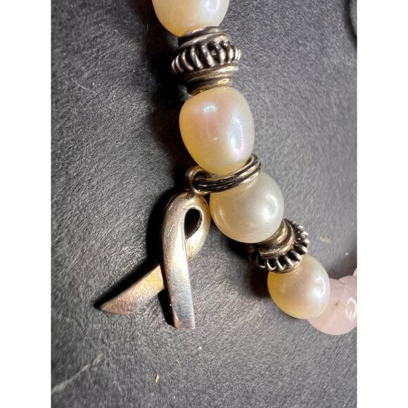 Vintage rose quartz pearls sterling silver breast cancer awareness bracelet - Picture 7 of 11